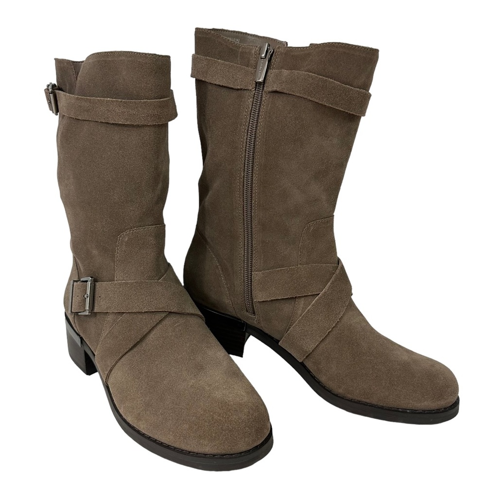 VINCE CAMUTO Walleya2 Mid Calf Boots Size 8.5M Suede Tan Leather Side Zi…